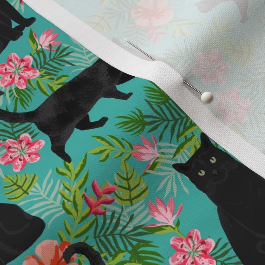 Spoonflower Fabric - Hawaiian, Black Cat, Tropical, Floral, Turquoise, Island, Summer, Printed on Petal Signature Cotton Fabric by The Yard - Sewing Quilting Apparel Crafts Decor