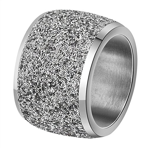 Women's Stainless Steel Ring Shiny Sequins Pave Sandblast Wide Wedding Band Silver, Rose, Gold, Black