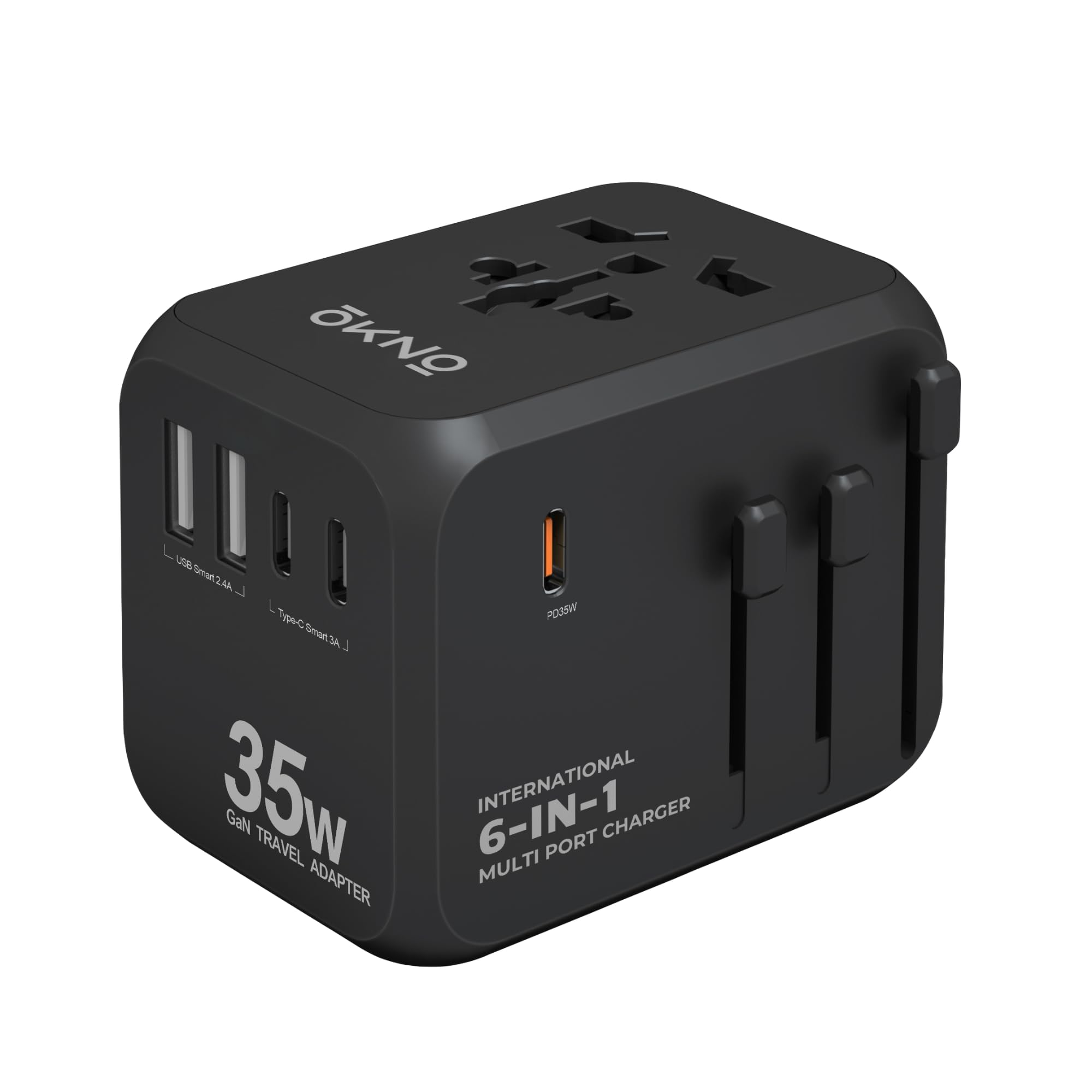 OKNO | 6-in-1 Universal International Travel Adapter 1 PD 35W Type C Super Fast Charging, 2 USB Port, 3 Type-C Fast & Multi-Plug Converter for USA, UK, Europe & More (Black) Travel Essentials