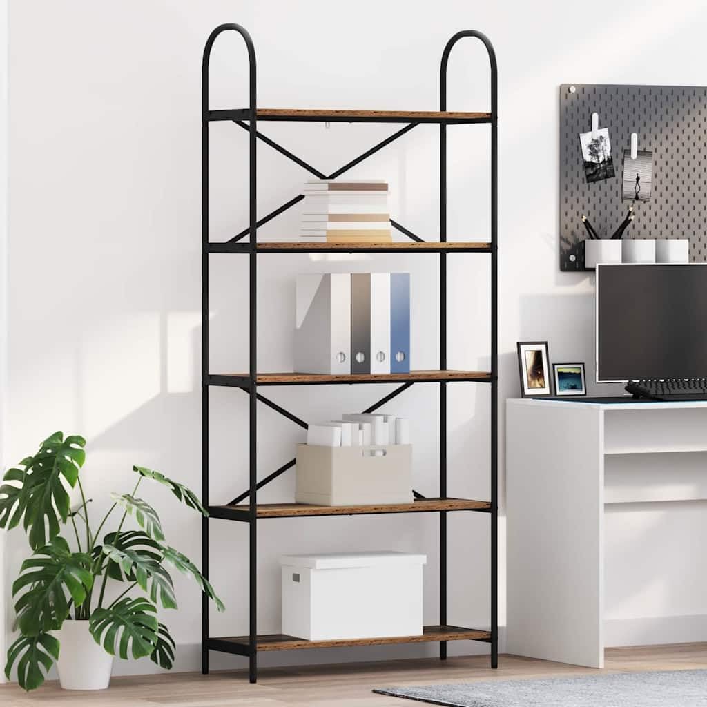 Libreria a 5 ripiani, 80 x 30 x 183 cm, in legno anticato, telaio in acciaio, per soggiorno, ufficio, cameretta dei bambini, decorazione
