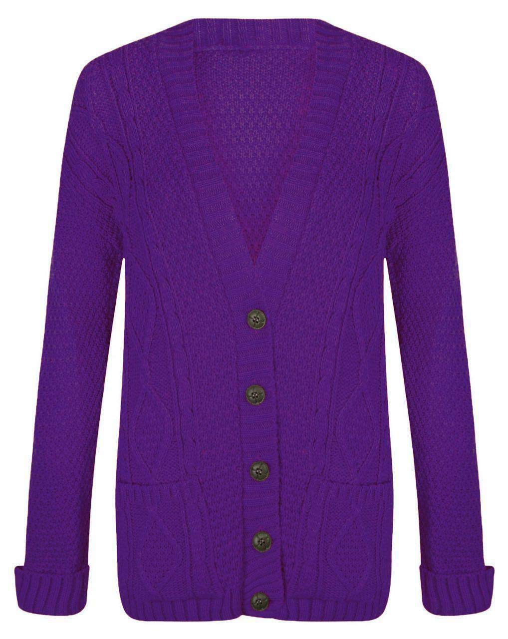 WearAll Womens Cable Knitted Button Cardigan Long Sleeve Ladies Boyfriend Top - Purple 8-10