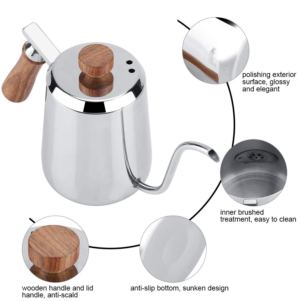 Water Kettle Gooseneck, Thin Spout Goose Necked Kettle for Drip Coffee Tea Stainless Steel Wooden Handle Drip Coffee Pot Matte Silver 350ml / 600ml(M)
