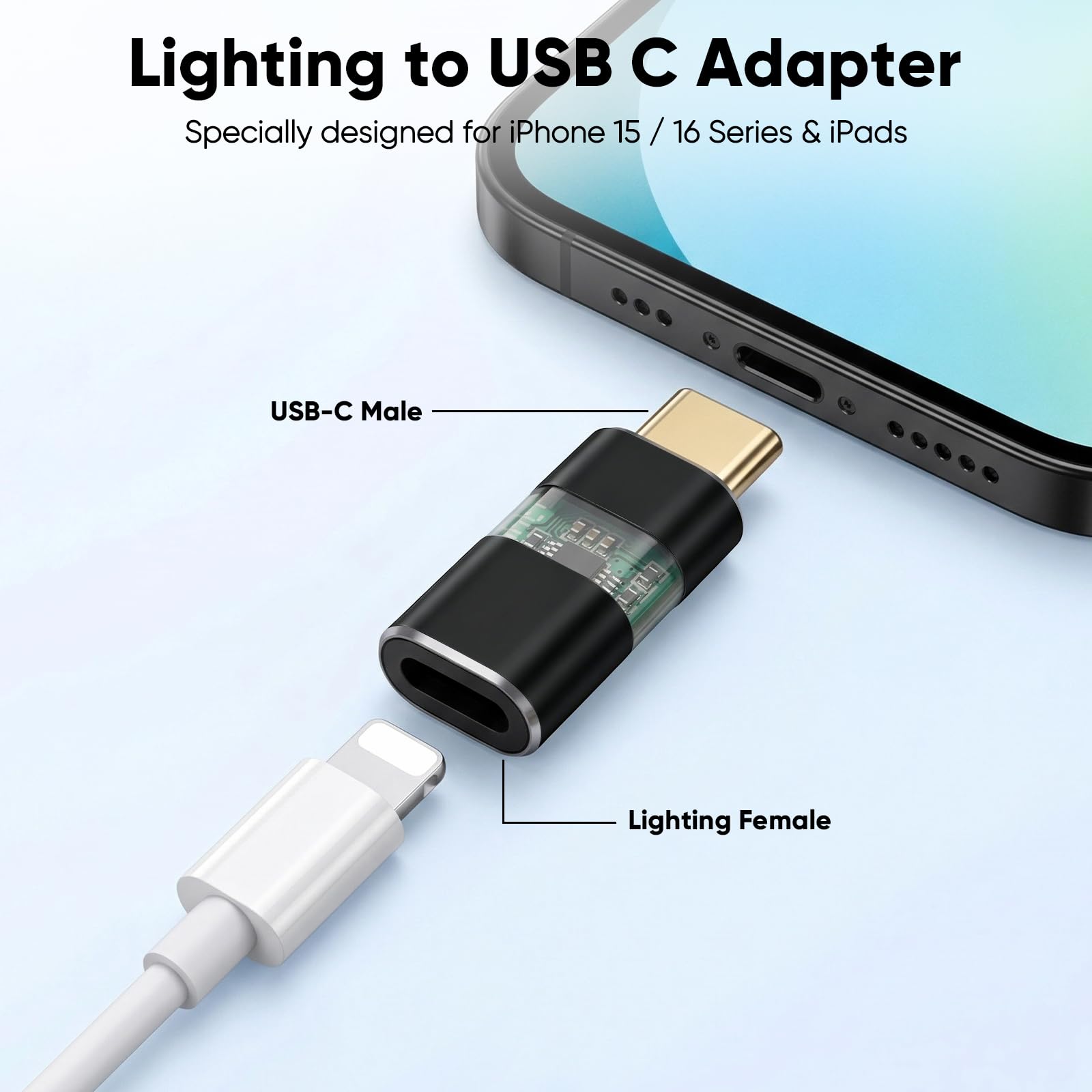 Adapter Lighting na wtyczkę USB-C (2 szt.), obsługuje ładowanie i synchronizację danych do iPhone 17/16/15, iPad Pro/Air, nie pasuje do audio/OTG (czarny)