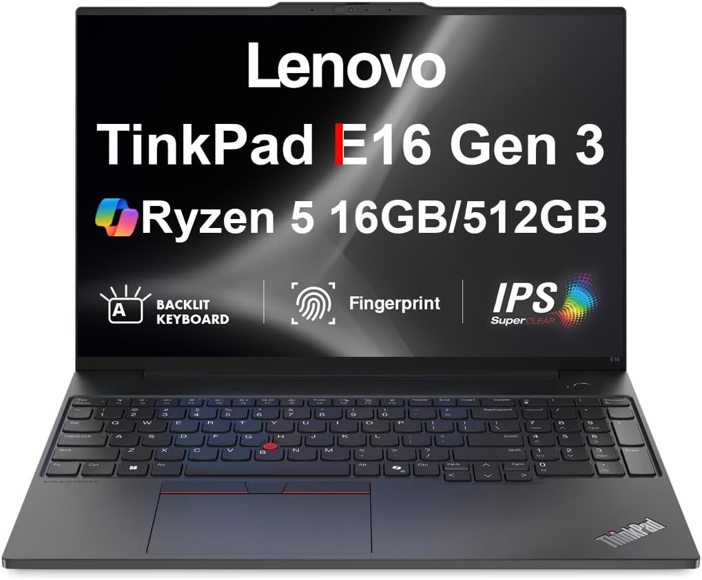 Lenovo ThinkPad E16 Gen 3 AI Business Laptop 16" IPS FHD+ Display (AMD Ryzen 5 230 (> Ryzen 5 7535U), 16GB DDR5, 512GB SSD, Fingerprint, Backlit, Thunderbolt 4, 5MP RGB Webcam, Win11Pro) w/Copilot
