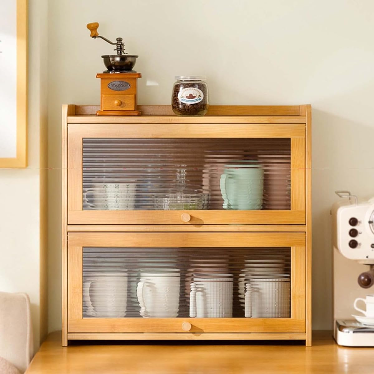 食器棚 キッチン収納 キッチンカウンター 竹製 キッチン 食器 キッチンキャビネット 小型 2段 ガラス扉 一人暮らし 収納棚 食器