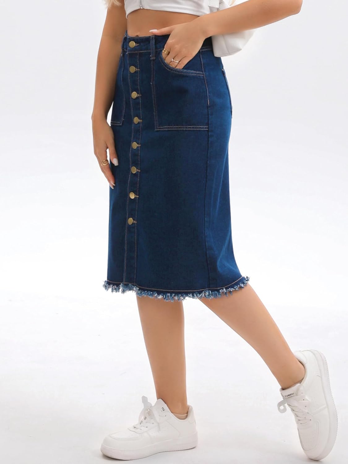 Women's Denim Skirt Knee Length Raw Hem Button Down Pencil Skirts - Image 2