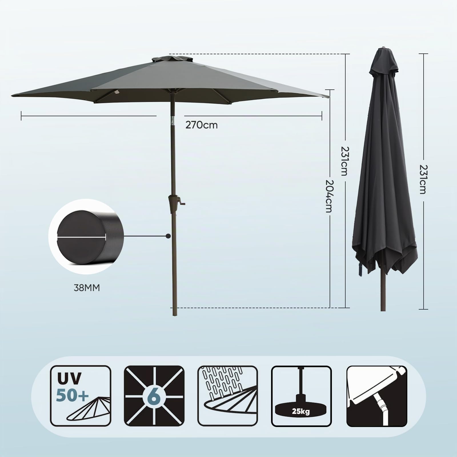 Sekey Parasol avec protection UV50+, imperméable, avec manivelle – Idéal pour le jardin, le balcon et la terrasse