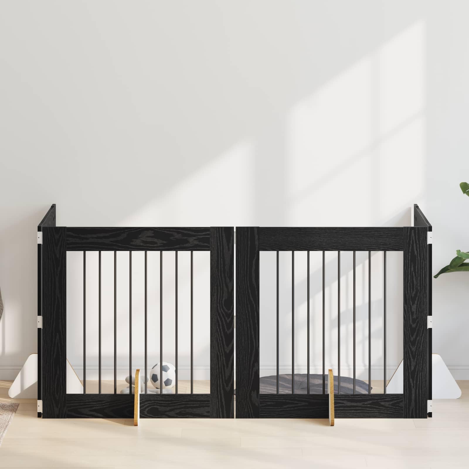 Portería para perros con soporte de madera de roble negro, 80 x 80 cm, plegable y portátil, 4 piezas de rejilla para barrera interior, protección y alojamiento seguro de cachorros y perros