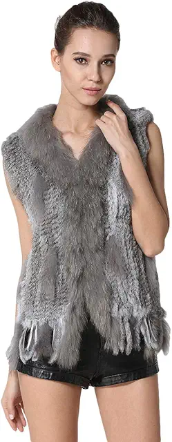 Gilet en Fourrure Femme Tricoté Lapin Col Raton Laveur Sans Manches