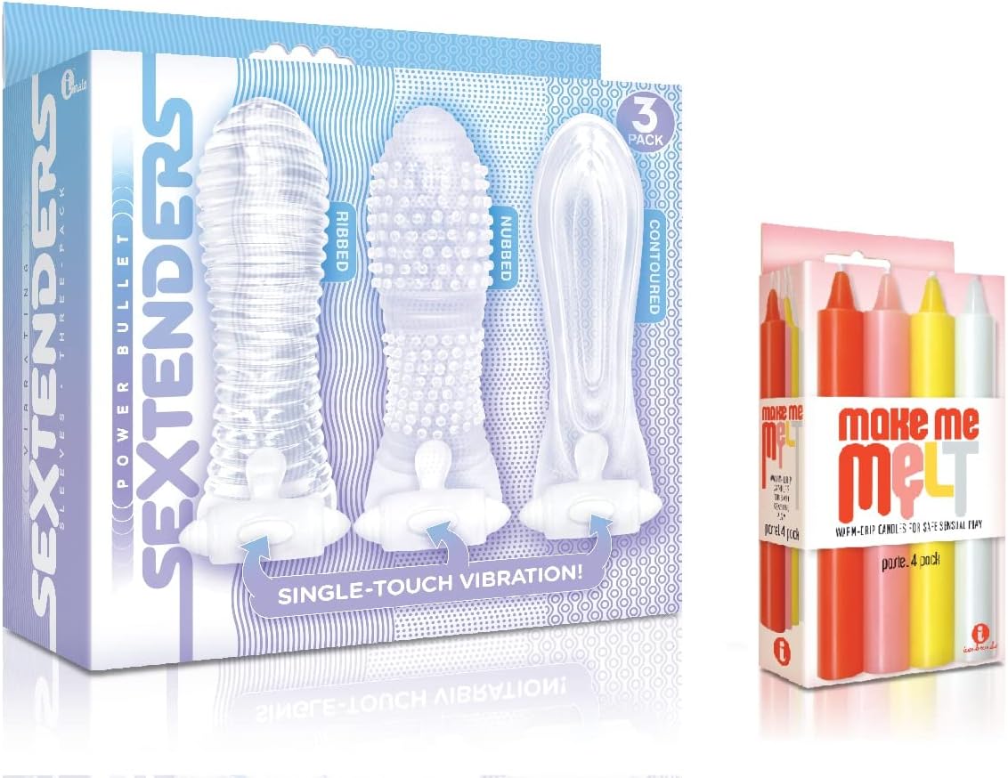 Sexy Gift Set Bundle of Vibrating Sextenders, 3-Pack, Nubbed, Contoured, Ribbed and Icon Brands Make Me Melt Sensual Warm-Drip Candles, 4 Pack, Pastel