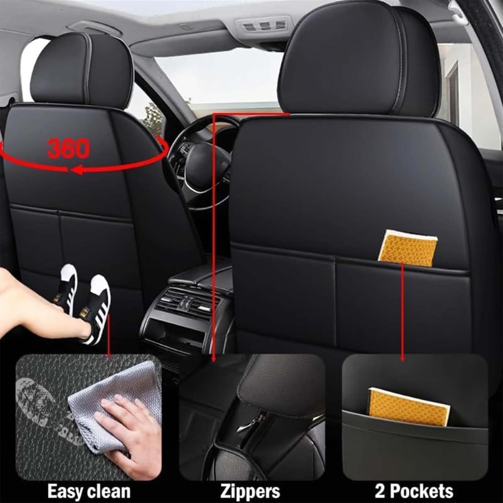 Housses de Siège Auto pour Renault Clio 5 Clio 4 Clio 3 Estate 2001-2025 Élégant Respirante Housses Siège Protection Intérieure Complète Similicuir avec Poches Rangement