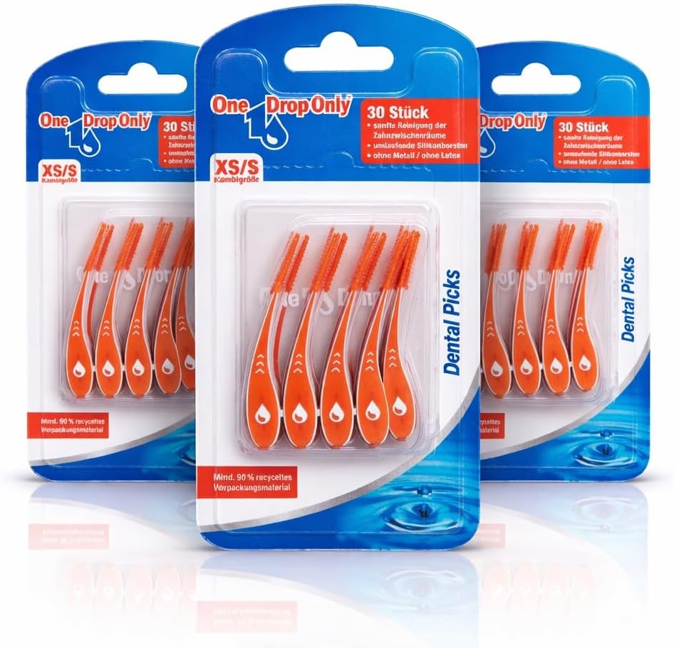 One Drop Only Interdental Dental Picks 3 Pack (3 x 30 Pieces / 90 Total) – Curved Silicone Tooth Picks XS/S – Gentle Daily Oral Care – German Oral Care Brand