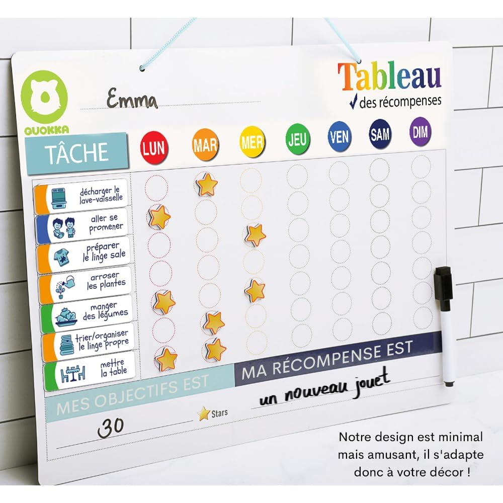 QUOKKA Tableau Magnétique pour Enfants - 40,6x30,5 cm Planificateur Visuel Récompenses - Ardoise Comportement Enfants 84 Aimants 102 Étoiles - Routine Responsabilité - Version Française