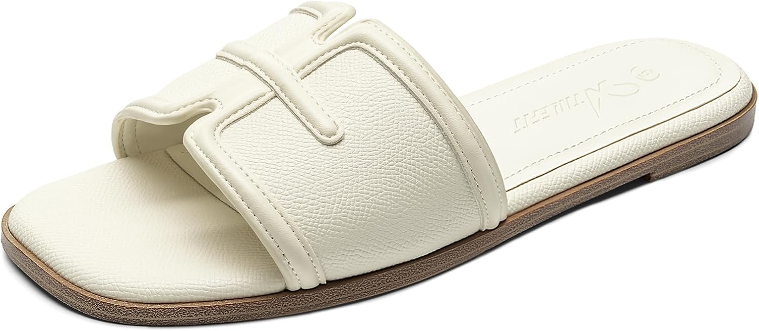 Athlefit Flat Sandals for Women Dressy Summer Square Open Toe Comfortable Slip On Beach Slide Sandals