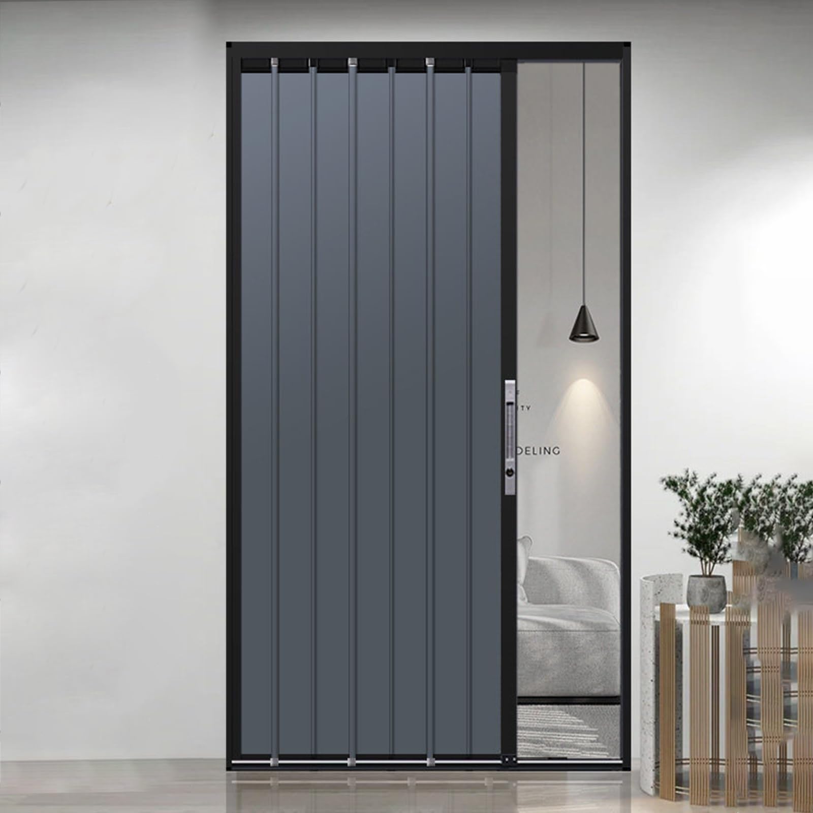 Drzwi wewnętrzne składane Drzwi Akordeonowe Przesuwne 218.5cm Wysokie, Stop Aluminium Składane Korytarz Sypialnia z Akcesoriami, Panel Szary Czarną Ramą(58x86in/147.3x218.5cm)