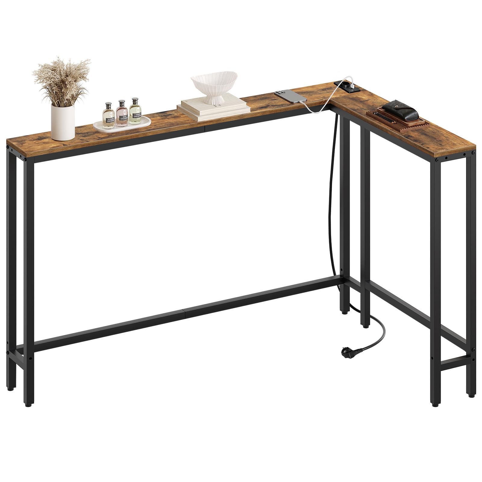 YATINEY Tavolo da Ingresso, Tavolo Console Largo 15 cm con 1 Presa e 2 Porte USB, Consolle Ingresso, per Dietro il Divano, Soggiorno, 3 Modalità di Combinazione, Marrone Vintage e Nero XCT07CBR