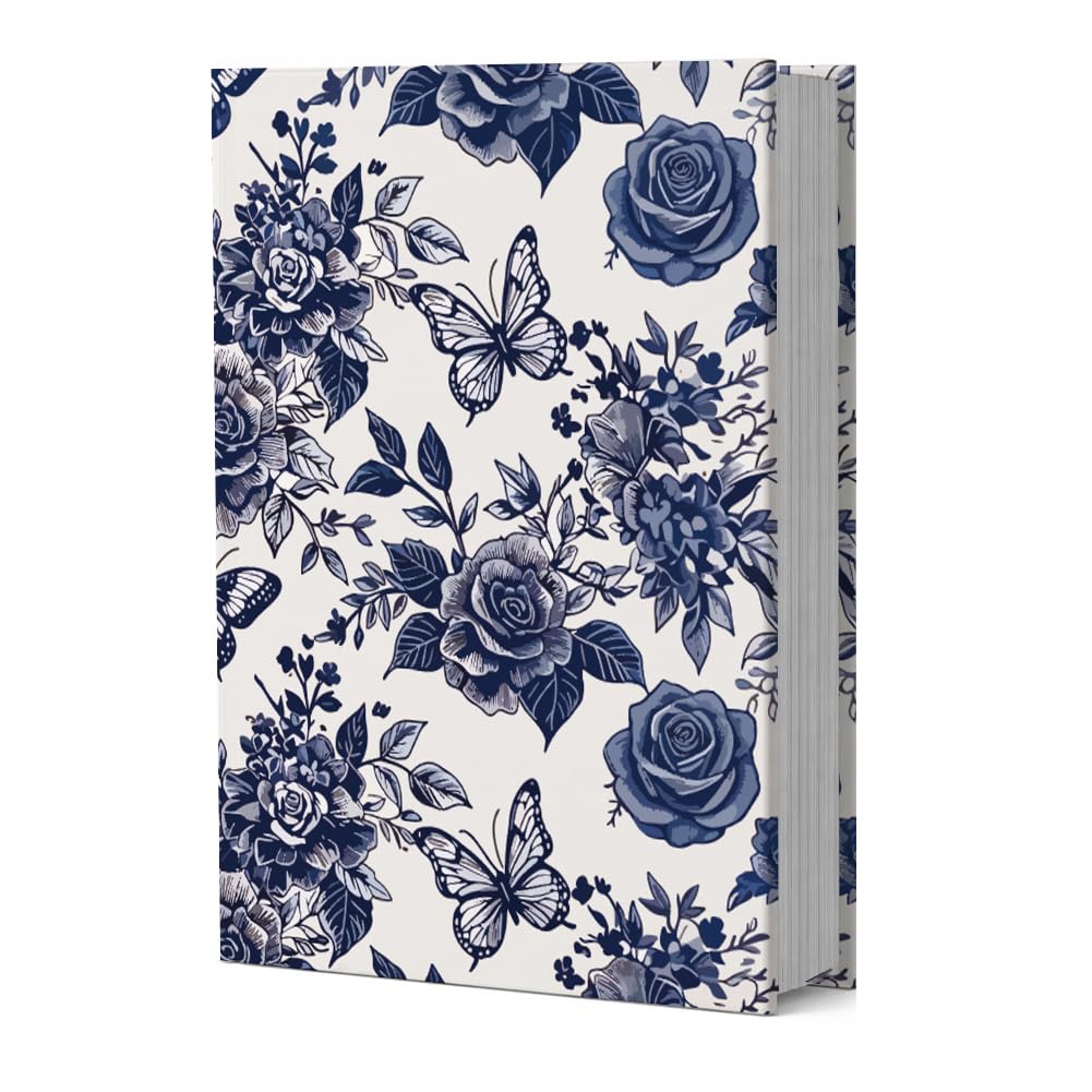 GOMAKERER 1 Pc Blue Rose Elastic Cloth Book Sleeve, Line Art Stretchable Book Protector Up to 8x11 Inch Reusable Fabric Cloth Elastic Sleeve for Hardcover Paperback Notebook Textbook Books Lover Gift