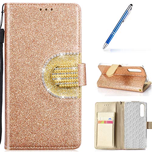 Robinsoni Case Compatible with Huawei P30 Phone Case Wallet PU Leather Phone Cover Book Style Cover Kickstand Case Folio Flip Phone Cover Shockproof Heavy Duty Case Hard Case Sparkle Bling Case Gold
