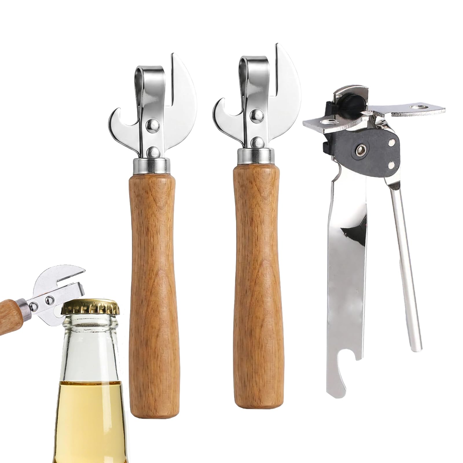 Manual Can Opener, 2 Wood Handle Tin Openers + 1 Stainless Steel Opener