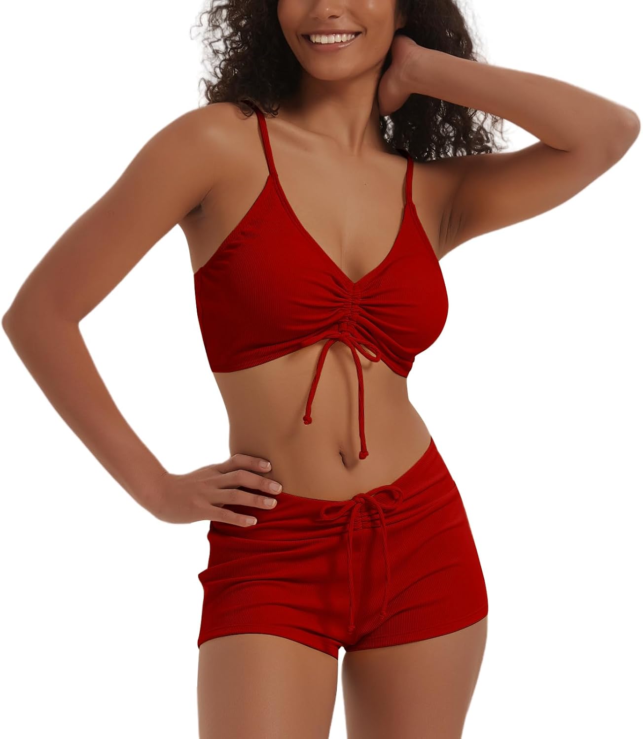 meioro Solid Swimsuit for Women Tie Front Shorts Bikini Two Piece Swimwear Athletic Bathing Suits High Waist Swimming Suit