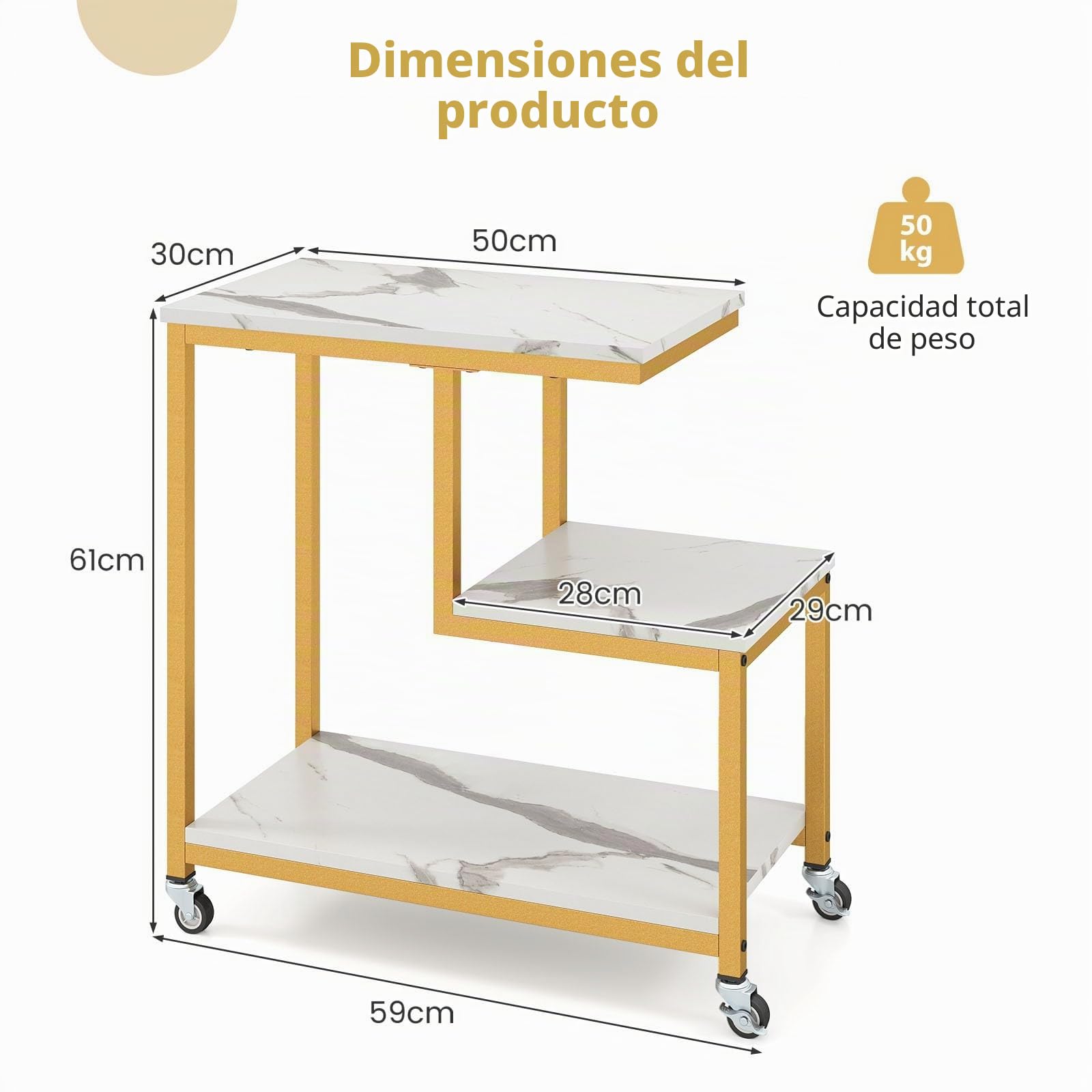LIFEZEAL Mesa Auxiliar con 4 Ruedas, con Efecto mármol, Mesita de café móvil, Mesa Lateral Decorativa con 3 estantes, 59 x 30 x 61 cm (Blanco)
