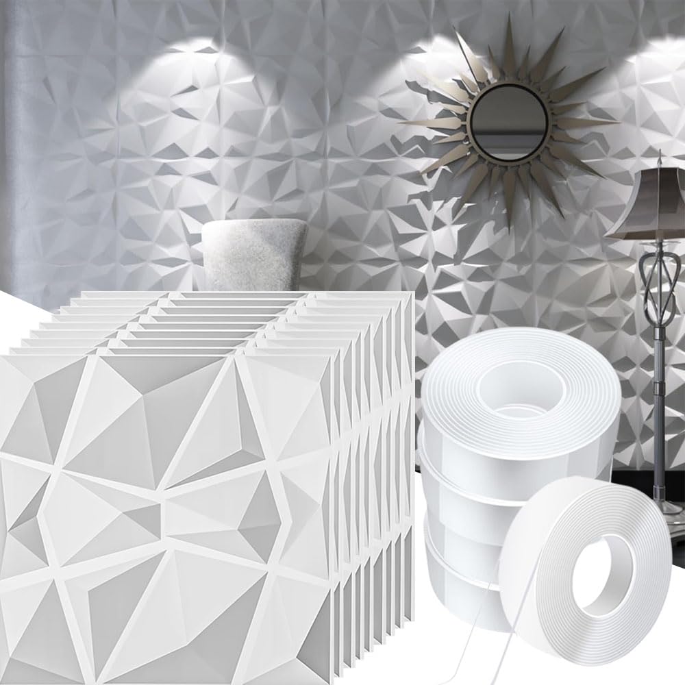 Goodern 3D Wall Panels,10 PCS Diamond Design Wall Panels Decorative 11.8" x 11.8" Waterproof PVC Wall Decor with Acrylic Tape Exquisite 3D Textured Wallboard for Interior Bedroom Hotel Office-White