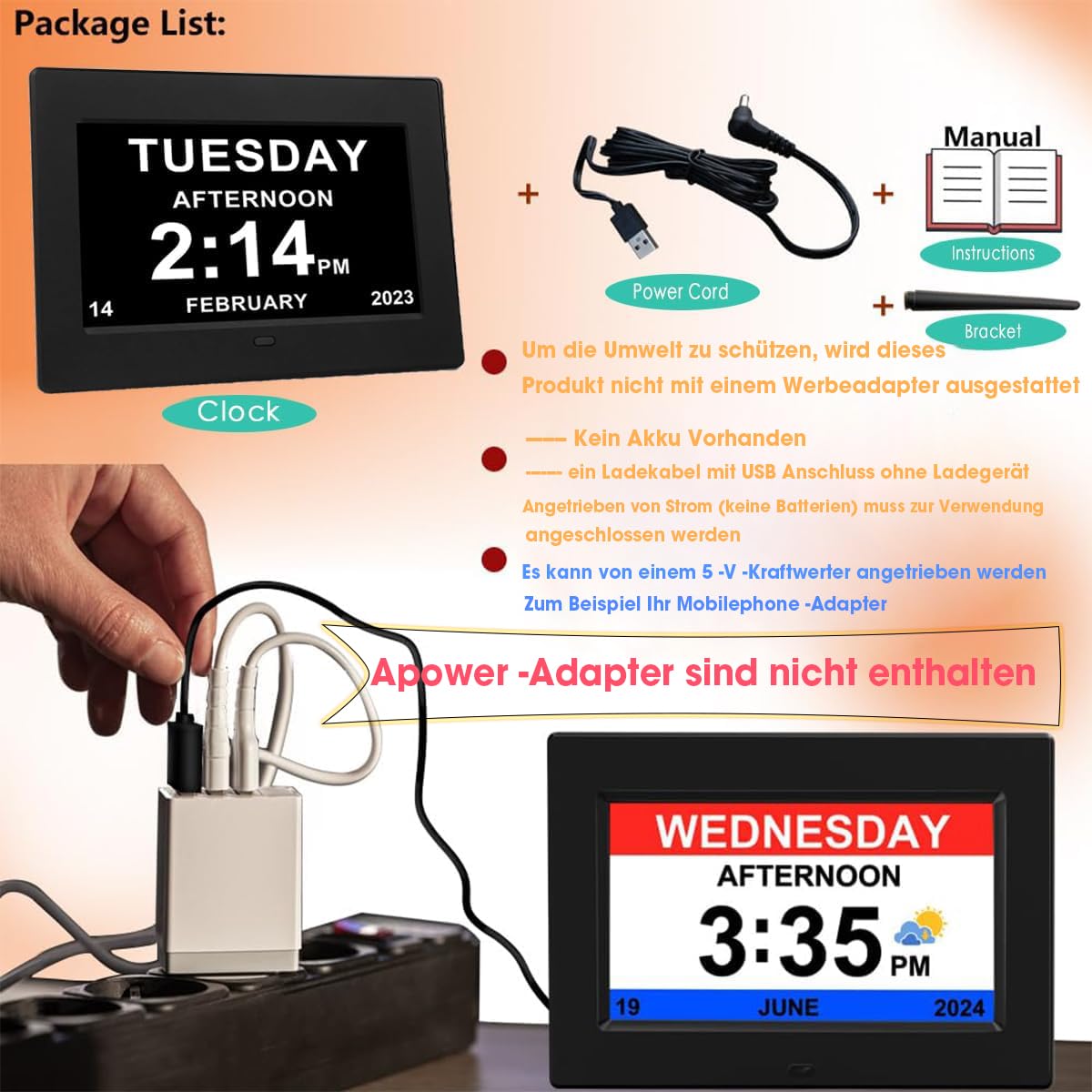 Despertador digital de 8 pulgadas con ajuste automático de brillo, despertador silencioso con pantalla LCD con humedad y temperatura para adultos y niños y enfermedad de Alzheimer (8 pulgadas
