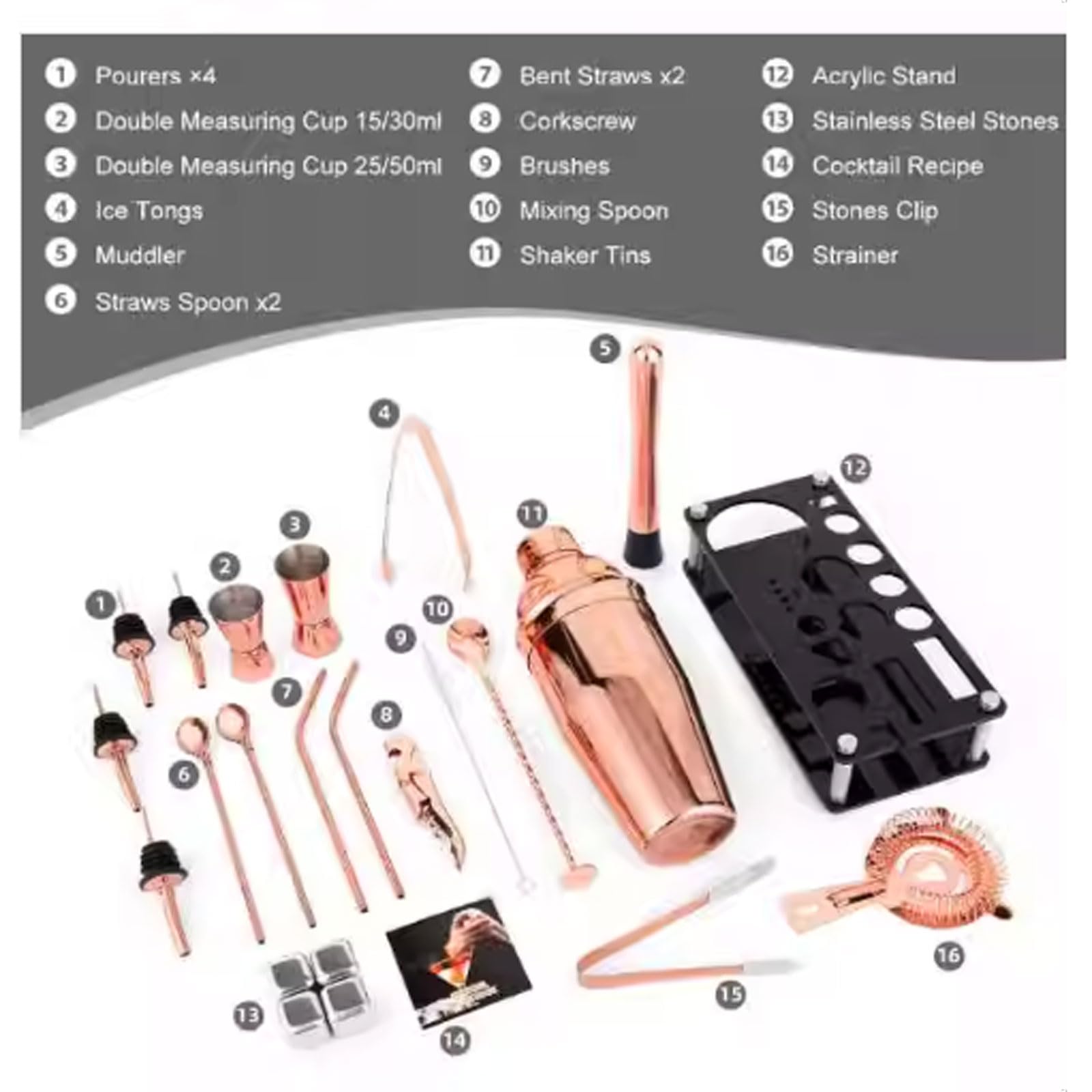 esmen Set Shaker per Cocktail in Oro Rosa da 24 Pezzi, Kit Barista mixology con Supporto, Set di Strumenti da Bar per miscelare Bevande, Kit Barman Domestico