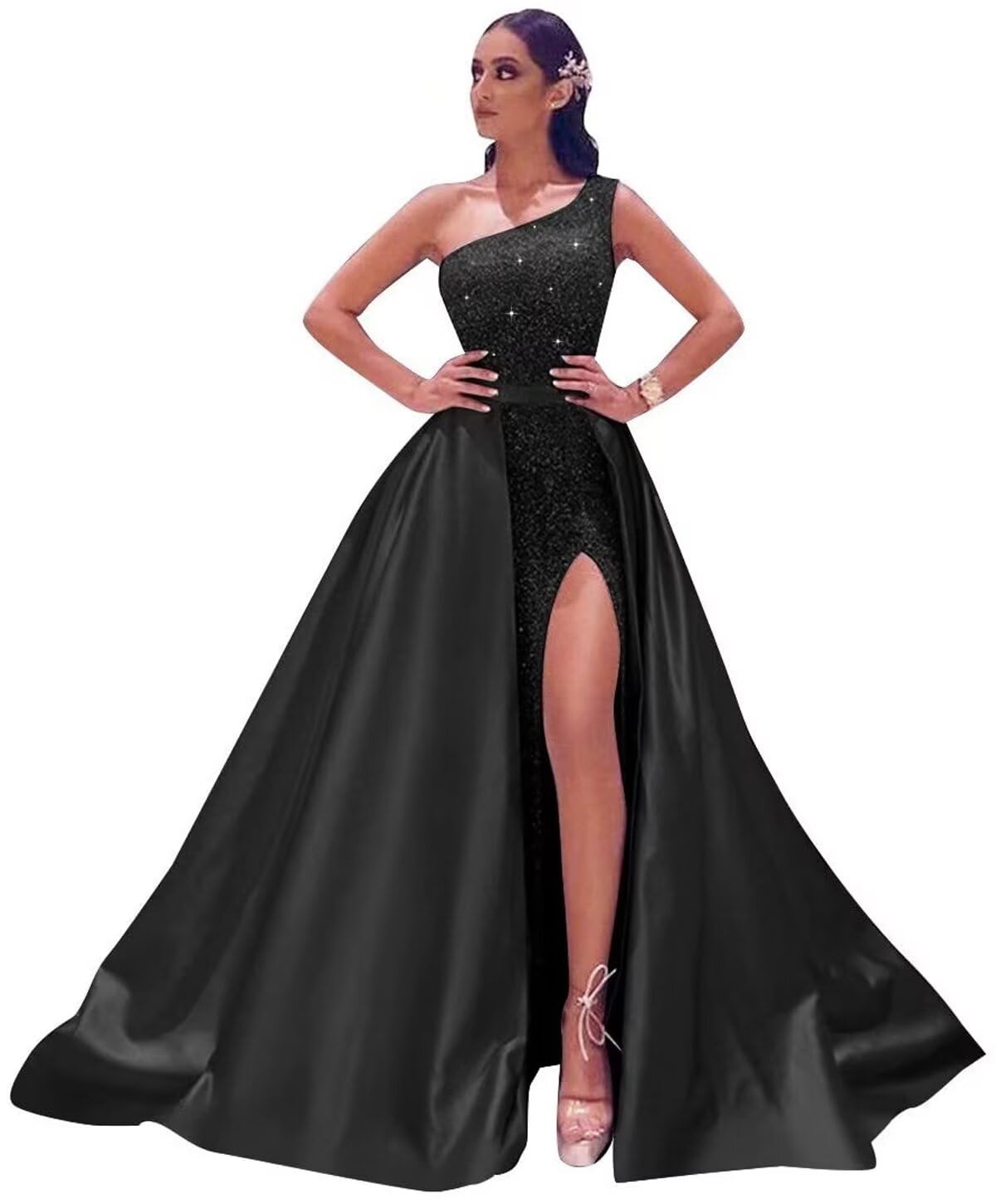 Dymaisei One Shoulder Sequin Prom Dresses 2025 Long Satin Mermaid Ball Gowns Sparkly Formal Dresses with Detachable Train