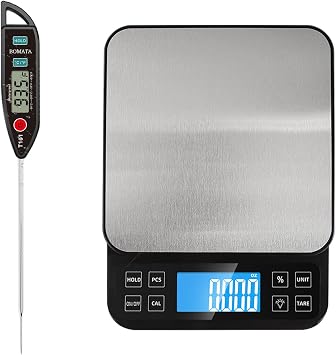 Digital Thermometer & Large Kitchen Scale with 0.1g/0.001oz High Precision, 5kg/11lb, USB Rechargeable
