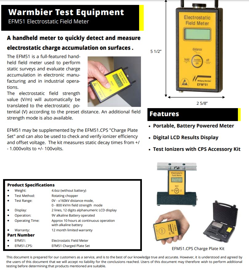 Diagram of EFM 51 meter with dimensions, features, and product specifications