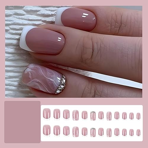 Miniatura 3 de 24 uñas postizas cuadradas cortas a presión, color rosa, con diseños de diamantes de imitación, uñas de punta francesa, brillantes, cobertura