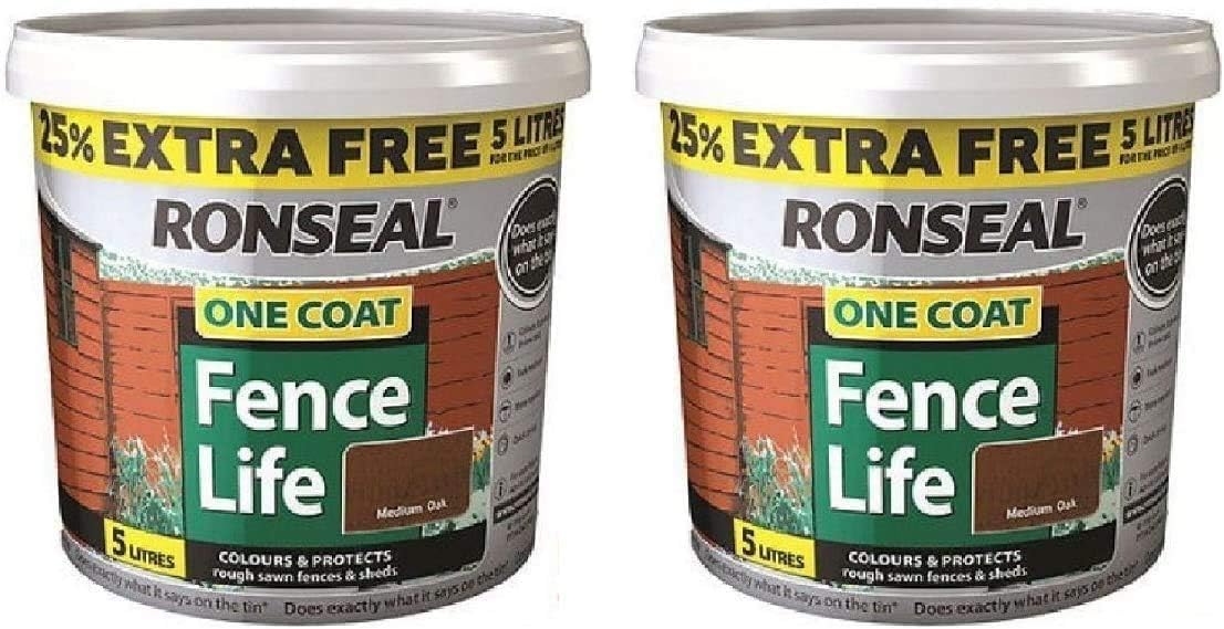 Ronseal 5L One Coat Fence Life Fence Paint Bundle Deal 2 x 5L tubs = 10L - Medium Oak