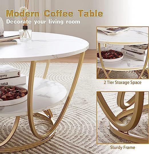 Image of Shoppee Coffee Table - Modern 2-Tier with Faux Marble Top and Gold Metal Frame - Stylish Center Table for Living Room, Sofa Table, Elegant Cocktail Table for Home, Office, White & White