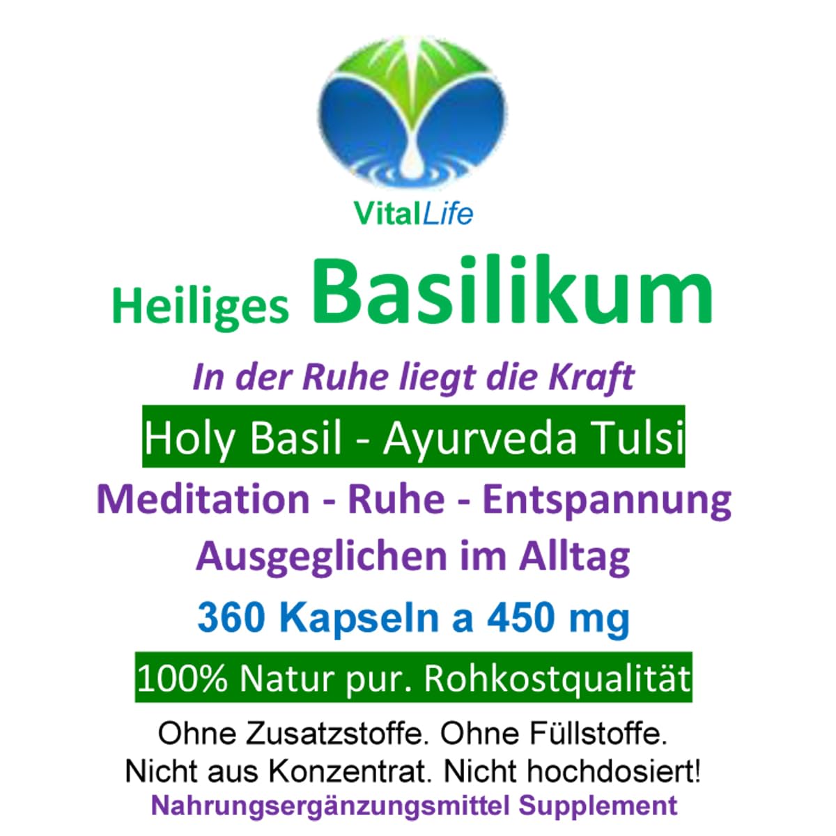 TULSIBASILIKUM 360 Kapseln Heiliges TULSI-BASILIKUM Holy-BASIL Ayurveda "indisches Königskraut" - Meditation Ruhe Entspannung - Ausgeglichen im Alltag. NATUR pur. OHNE ZUSATZSTOFFE. 26700-360