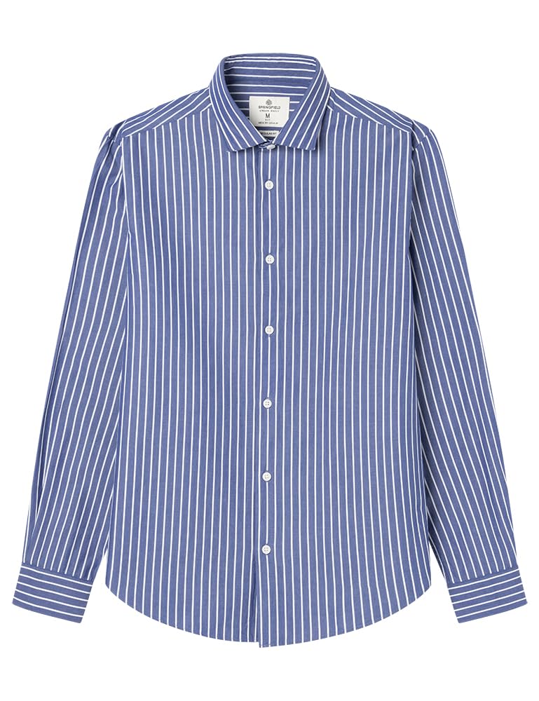 SPRINGFIELD Men's Striped Popelin Daily Shirt, Dark Blue, L