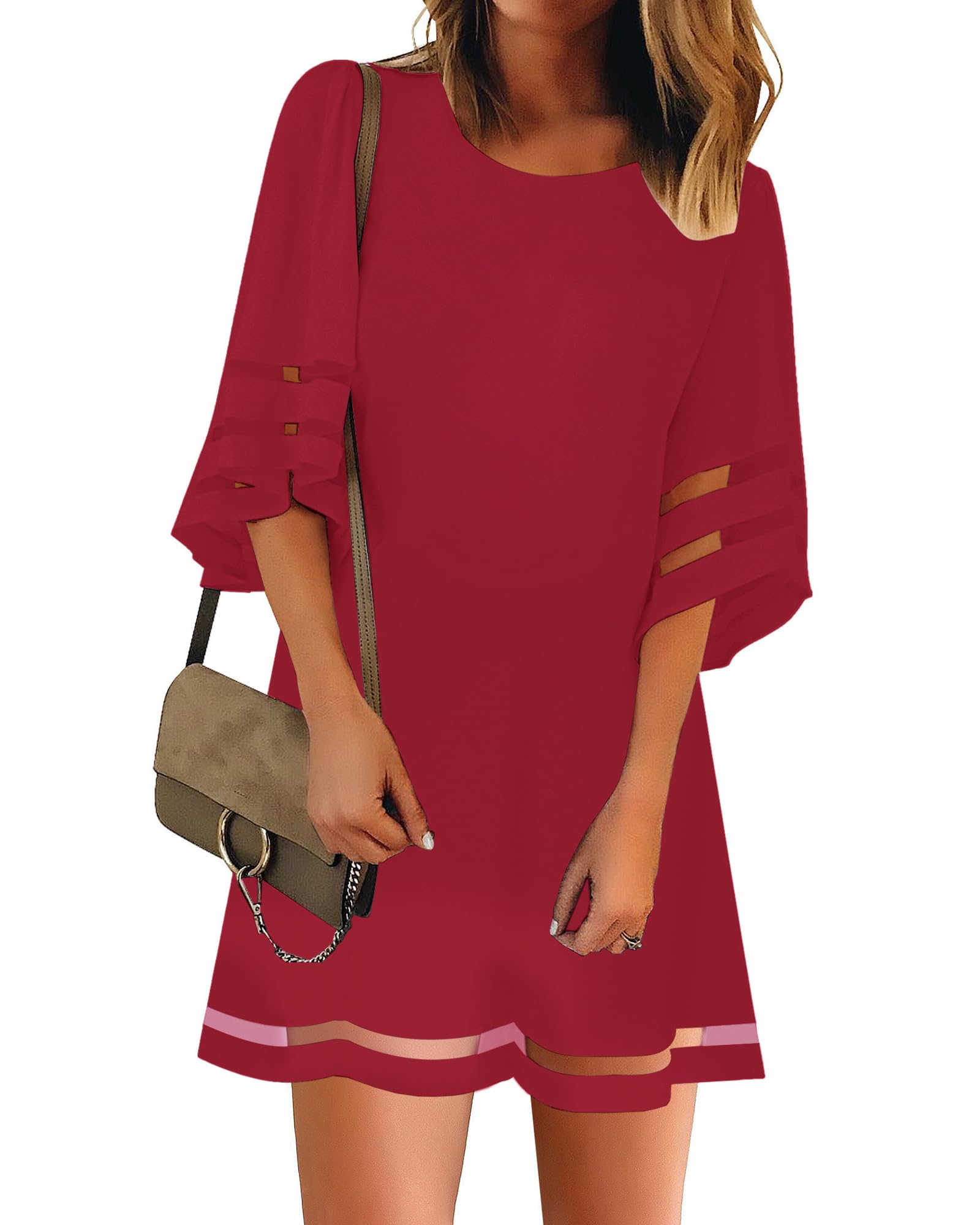 LookbookStore Women Casual Crewneck Mesh Panel 3/4 Bell Sleeve Loose Tunic Dress