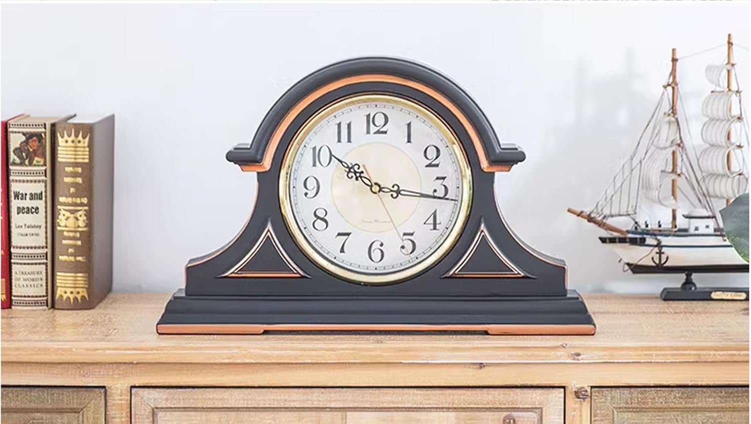 Mantel Clock, Wooden Silent Mantle Clock Home Vintage Battery Operated Mantel Clocks, Domed Lens, Quartz Movement, Walnut Brown Finish (Home Decoration/Tabletop Decoration),Classic Black