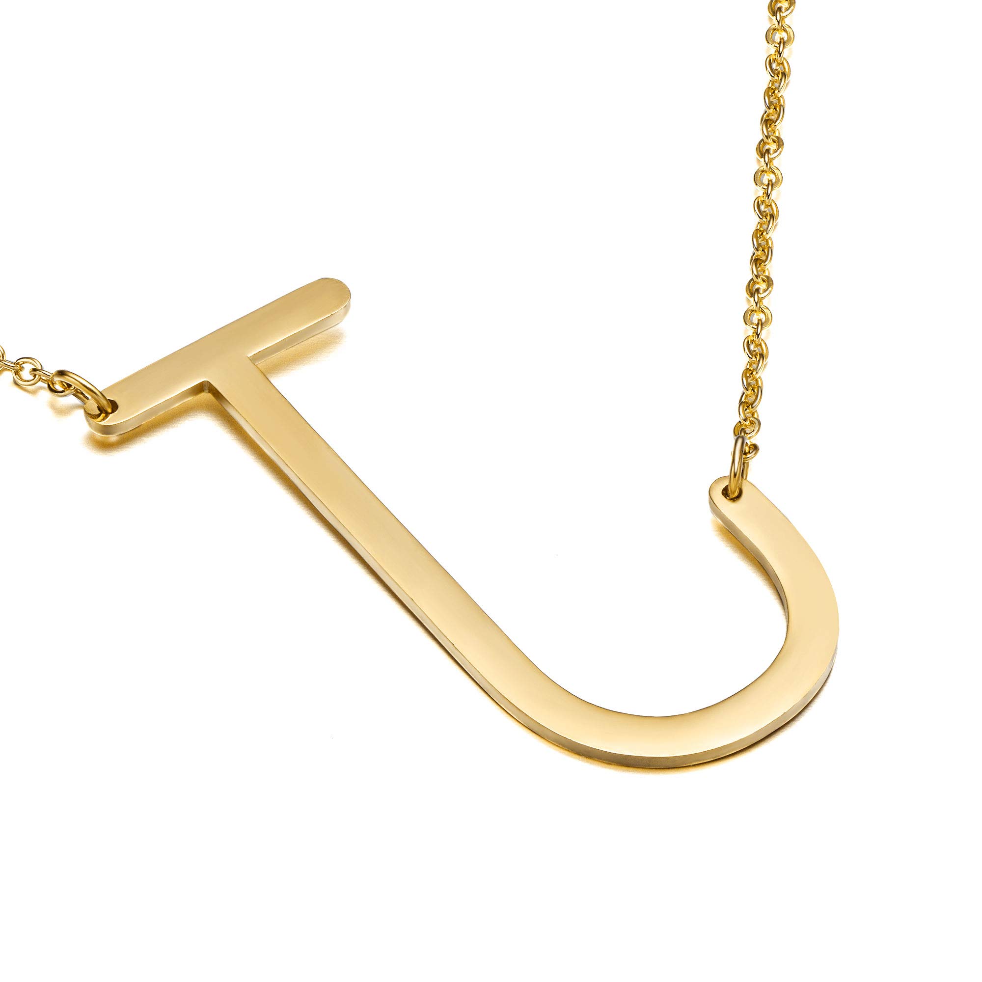 Sideways Large Initial Necklace for Women - 18K Gold Plated Letter Necklace for Women Girls, Stainless Steel Big Alphabet Monogram Necklace A-Z Name Slanted Initial Necklace Initial Jewelry for Women