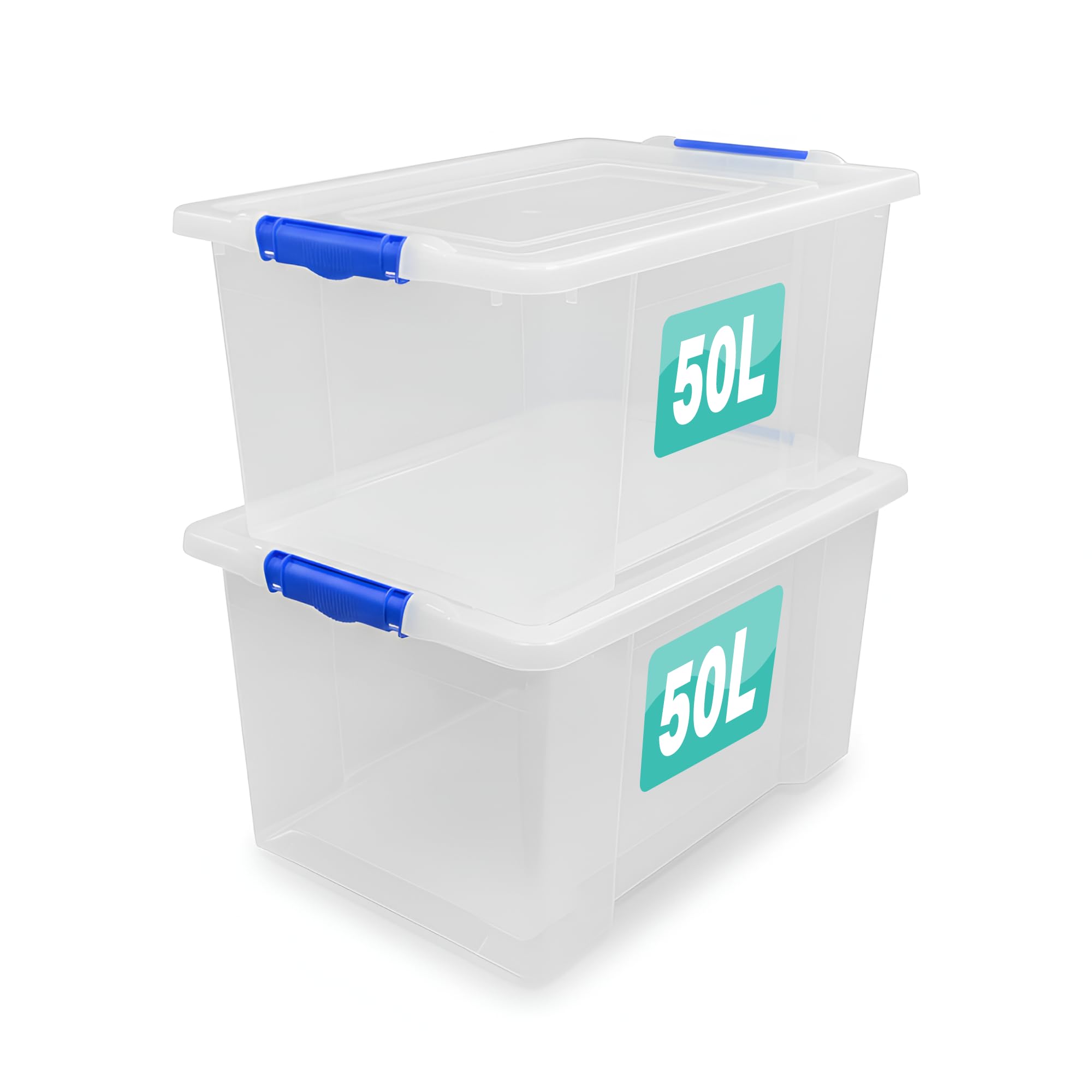 Optimal Products 2 x Storage Boxes With Clip Lock Lids 50 Litre Sturdy Heavy Duty Clear Stackable Lockable Multipurpose Plastic Storage Box Indoor/Outdoor Containers Home,Office,Kitchen,Garage