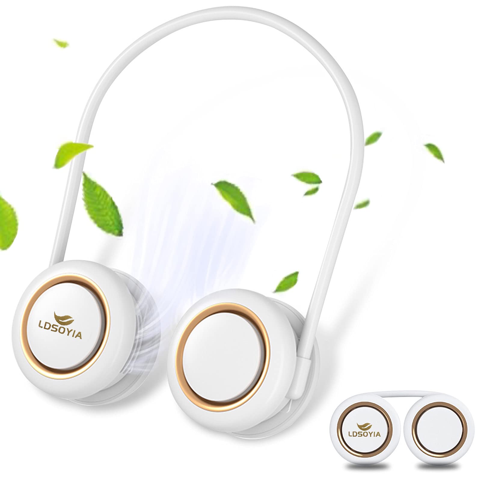 Hands Free Neck Fan, LDSOYIA Rechargeable Portable Bladeless Mini Fan, 3 Speeds Cooling Hanging Fan Wearable Personal Neck Fan for Hot Flashes Home Office Travel Outdoor Sports (White)