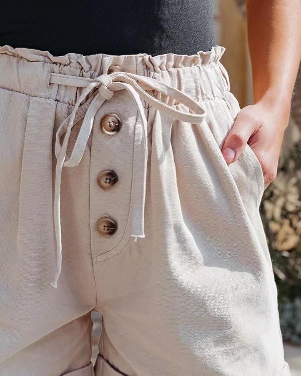 FEKOAFE Womens Casual Shorts Comfy Front Button Drawstring Elastic Waist with Pocketed Shorts Beige Medium by FEKOAFE - Used condition - Image 5