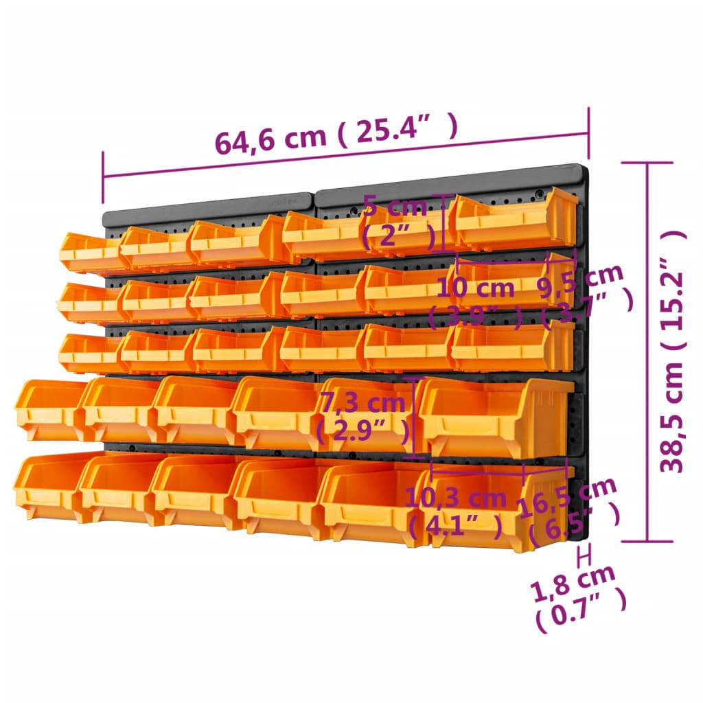 Juego de 32 cajas de almacenamiento de color amarillo y negro, 100% polipropileno, 30 recipientes de almacenamiento con 2 soportes de pared para taller, garaje, tornillos, tacos