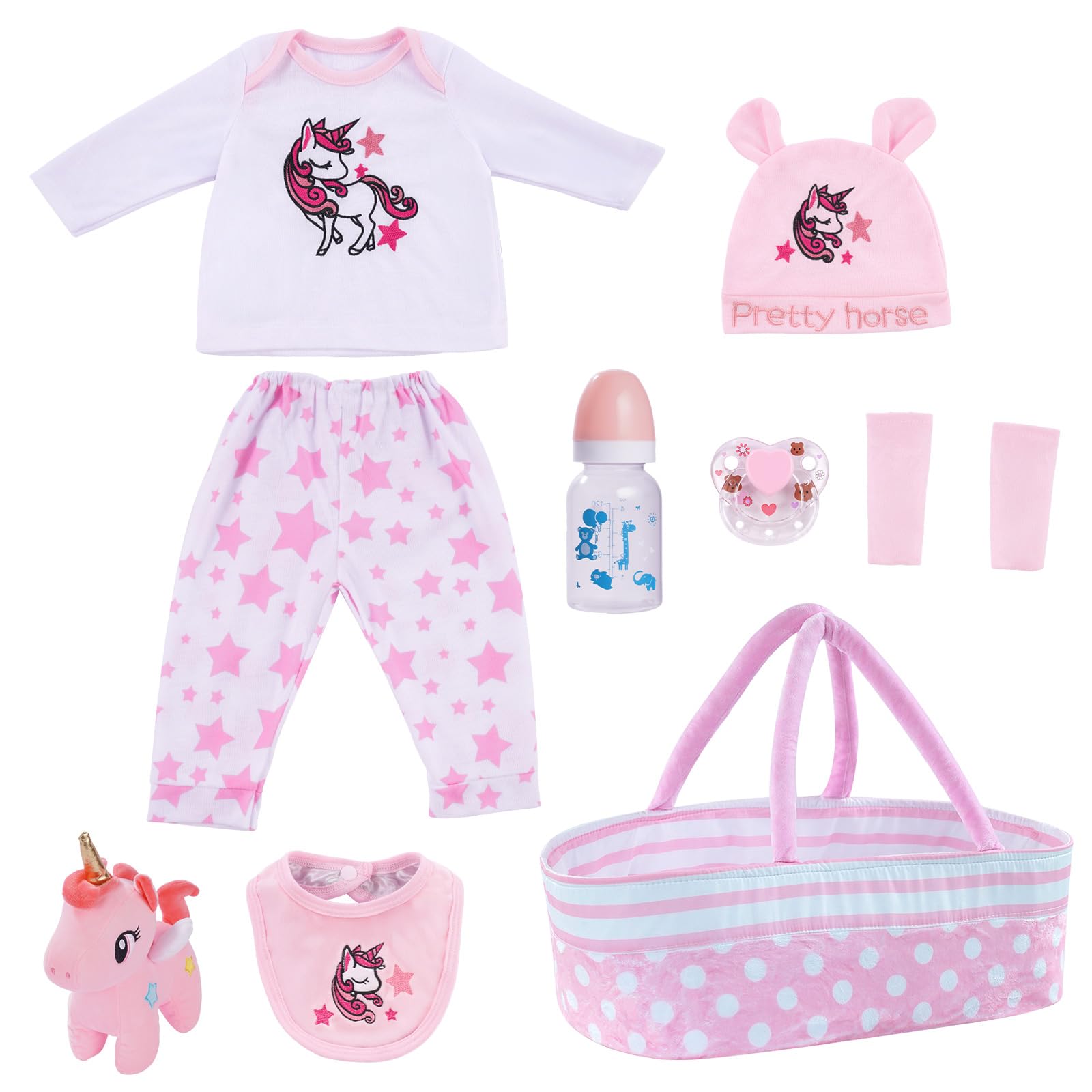 BABESIDE 8Pcs Reborn Baby Dolls Clothes 20 Inches Girl Outfits Accessories for 17-22 Inches Baby Dolls with Bassinet, Feeding Bottle and Dummy, Cute Realistic Baby Doll Clothing Set (Pink)