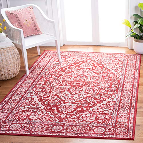 SAFAVIEH Brentwood Collection 3' x 5' Red / Ivory BNT832Q Medallion Distressed Non-Shedding Living Room Bedroom Accent Rug