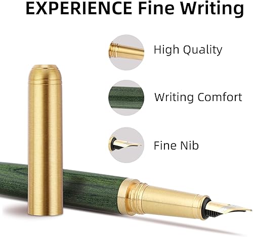 Miniatura 6 de cobee Plumas estilográficas de madera - Pluma de lujo vintage artesanal, punta fina de 0,5 mm, escritura suave para diario y caligrafía, verde