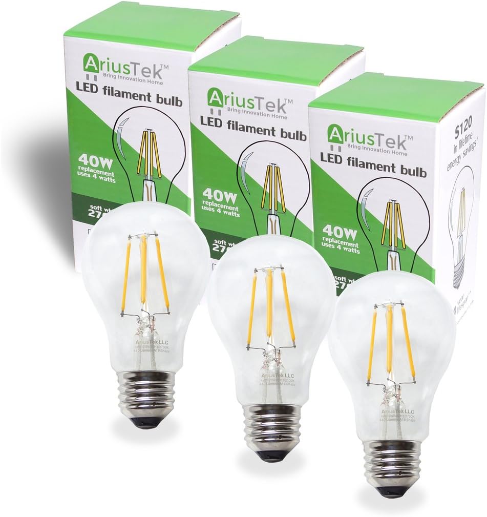 AriusTek 4W LED Filament Light Bulb Vintage Edison A19 40 Watt Equivalent 3-Pack Soft White 2700K E26 Base UL Listed โฆ