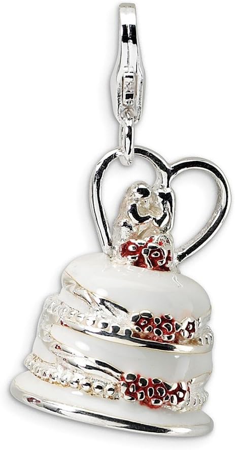 Sterling Silver 3-D Enameled Wedding Cake with Lobster Clasp Charm
