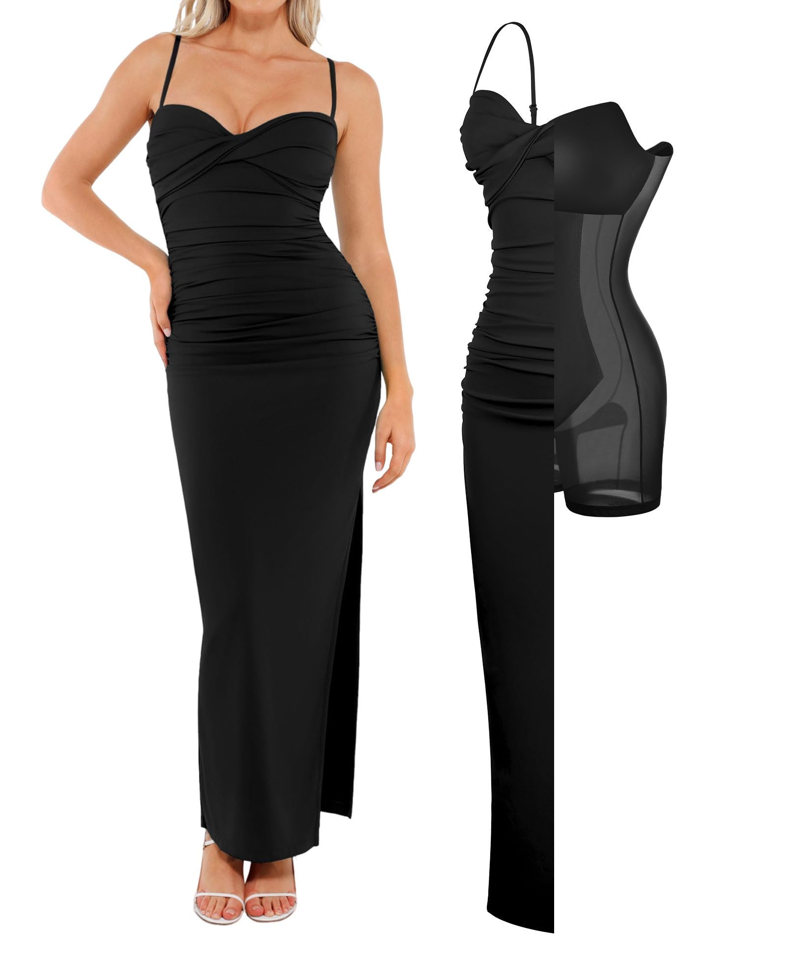 Popilush Women's Summer Maxi Dress - Shapewear Long Formal Cocktail Party Dresses Ruched Bodycon Dress