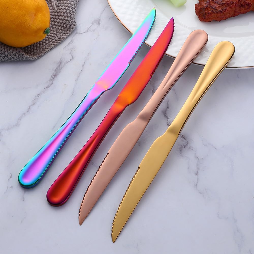 Gold Steak Knives Set of 12, 9 Inch Stainless Steel Serrated Dinner Knives Set, Professional Restaurant Sharp Knives for Steak, Kitchen, Party, Wedding, Dishwasher Safe